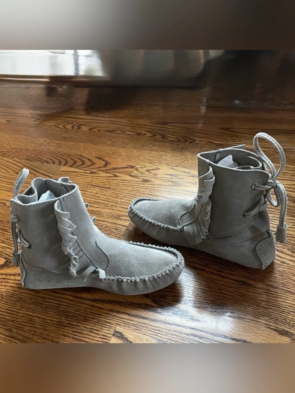 Boho J. CREW Moccasins SIENNA Shoes Suede Leather Vintage Gray Fringed Size 7.5
